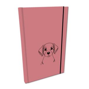 Opakowanie Notes A5 gładki  z gumką Soft Touch lakier UV pies labrador brudny róż