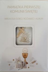 Okładka książki Pamiątka Pierwszej Komunii Świętej. Pakiet: Biblia, Różaniec, Album - uszkodzone
