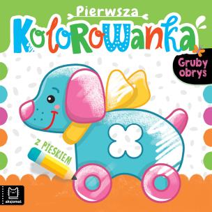 Pierwsza kolorowanka z pieskiem. Gruby obrys. Autor: Podgórska Anna. Multiszop.pl Okładka książki Pierwsza kolorowanka z pieskiem. Gruby obrys