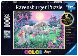 Puzzle 100 świecące - Jednorożce w blasku księżyca. Wydawca: Ravensburger. Multiszop.pl Opakowanie Puzzle 100 świecące - Jednorożce w blasku księżyca