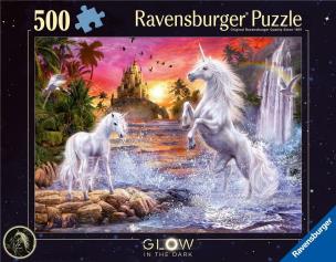 Puzzle 2D 500 Świecące - Jednorożce nad rzeką. Wydawca: Ravensburger. Multiszop.pl Opakowanie Puzzle 2D 500 Świecące - Jednorożce nad rzeką