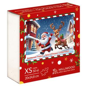 Puzzle drewniane Święty Mikołaj z Reniferem. Wydawca: ALEXANDER GRY. Multiszop.pl Opakowanie Puzzle drewniane Święty Mikołaj z Reniferem