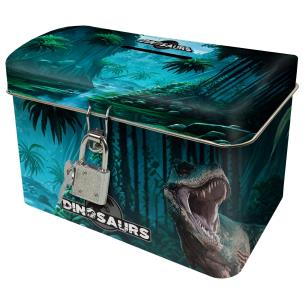 Skarbonka z kłódką kuferek Dinozaury DERFORM. Wydawca: Derform. Multiszop.pl Opakowanie Skarbonka z kłódką kuferek Dinozaury DERFORM