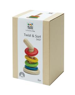 Sortuj i Kręć zabawki drewniane. Wydawca: Plan toys. Multiszop.pl Opakowanie Sortuj i Kręć zabawki drewniane