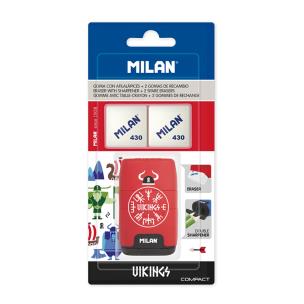 Temperówka z gumką Milan COMPACT VICKINGS + 2 gumki. Wydawca: MILAN. Multiszop.pl Opakowanie Temperówka z gumką Milan COMPACT VICKINGS + 2 gumki