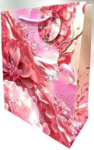 Opakowanie Torebka ozdobna matowa 26x32x12cm różowe kwiaty