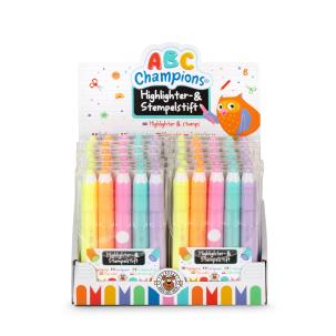 Zakreślacz i stempel ABC CHAMPION 5 kolorów. Wydawca: TRENDHAUS. Multiszop.pl Opakowanie Zakreślacz i stempel ABC CHAMPION 5 kolorów