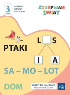 Zdobywam świat Zeszyt do kaligrafii Poziom 3. Autor: Justyna Hadryś. Multiszop.pl Okładka książki Zdobywam świat Zeszyt do kaligrafii Poziom 3