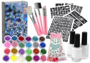 Zestaw do tatuażu brokaty diamenciki 187 wzorów. Wydawca: Leantoys. Multiszop.pl Opakowanie Zestaw do tatuażu brokaty diamenciki 187 wzorów