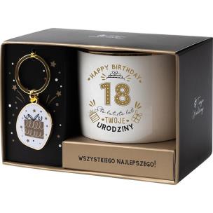 Zestaw prezentowy na 18 urodziny biało-złoty. Wydawca: Be-Happy Gifts. Multiszop.pl Opakowanie Zestaw prezentowy na 18 urodziny biało-złoty