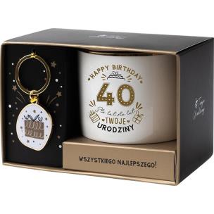 Zestaw prezentowy na 40 urodziny biało-złoty. Wydawca: Be-Happy Gifts. Multiszop.pl Opakowanie Zestaw prezentowy na 40 urodziny biało-złoty