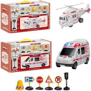 Auto ambulans/helikopter ze znakami MIX. Wydawca: Trifox. Multiszop.pl Opakowanie Auto ambulans/helikopter ze znakami MIX