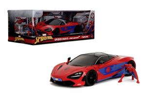 Auto Spider-Man metalowe McLaren 720S 1:24 z figurką. Wydawca: SIMBA. Multiszop.pl Opakowanie Auto Spider-Man metalowe McLaren 720S 1:24 z figurką