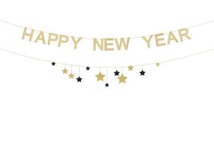 Opakowanie Baner Happy New Year z gwiazdkami złoty 300cm