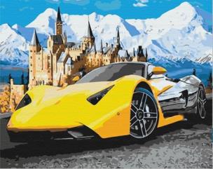 Diamentowa mozaika Auto sportowe żółte obok zamku w górach NO-1007745. Wydawca: Norimpex. Multiszop.pl Opakowanie Diamentowa mozaika Auto sportowe żółte obok zamku w górach NO-1007745