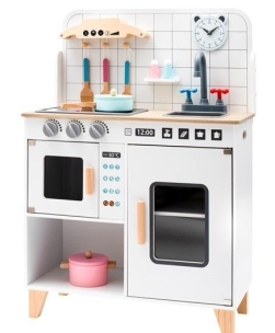 Drewniana kuchnia z wyposażeniem Montessori biała. Wydawca: Baby Mix. Multiszop.pl Opakowanie Drewniana kuchnia z wyposażeniem Montessori biała