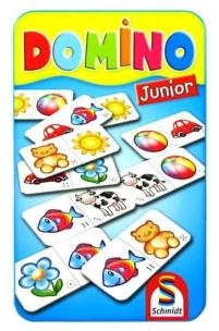 Gra Domino Junior w metalowej puszce. Wydawca: Schmidt Gry. Multiszop.pl Opakowanie Gra Domino Junior w metalowej puszce