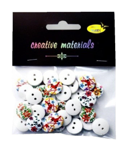 Opakowanie Guziki drewniane białe nadruk kwiaty 15mm 15g