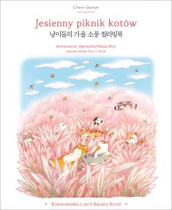 Jesienny piknik kotów. Kolorowanka z serii Kwiaty Korei. Autor: Cheon Seonjin. Multiszop.pl Okładka książki Jesienny piknik kotów. Kolorowanka z serii Kwiaty Korei