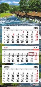 Kalendarz 2026 trójdzielny płaska główka Młyny. Wydawca: Sapt. Multiszop.pl Opakowanie Kalendarz 2026 trójdzielny płaska główka Młyny