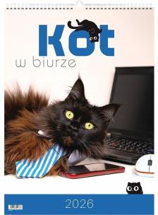 Kalendarz 2026 wieloplanszowy kot w biurze. Wydawca: Evena. Multiszop.pl Opakowanie Kalendarz 2026 wieloplanszowy kot w biurze