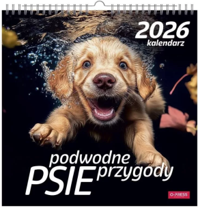 Kalendarz 2026 wieloplanszowy kwadrat Psy pod wodą. Wydawca: O-press. Multiszop.pl Opakowanie Kalendarz 2026 wieloplanszowy kwadrat Psy pod wodą