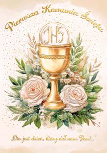 Opakowanie Karnet A5 Komunia Kielich w różach