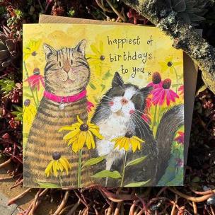 Opakowanie Karnet Urodziny 2 koty w kwiatach