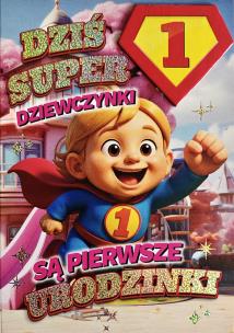 Opakowanie Karnet Urodziny roczek dziewczynka - Superbohaterka