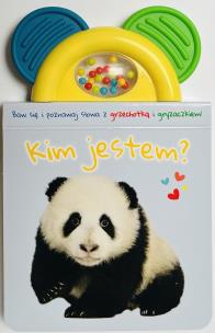 Okładka książki Kim jestem? błękitna. Książeczka z gryzaczkiem i grzechotką