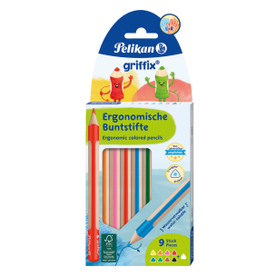 Kredki ołówkowe trójkątne Griffix 9 kolorów. Wydawca: Pelikan. Multiszop.pl Opakowanie Kredki ołówkowe trójkątne Griffix 9 kolorów