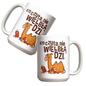 Kubek - Kto czyta, nie wielbłądzi 440ml. Wydawca: Molom. Multiszop.pl Opakowanie Kubek - Kto czyta, nie wielbłądzi 440ml