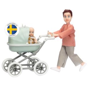 Lalka tata mężczyzna z dzieckiem i wózkiem. Wydawca: MICKI. Multiszop.pl Opakowanie Lalka tata mężczyzna z dzieckiem i wózkiem