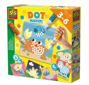 Markery w kropki XL 3 kolory + 6 arkuszy. Wydawca: SES. Multiszop.pl Opakowanie Markery w kropki XL 3 kolory + 6 arkuszy