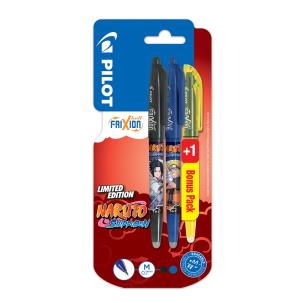 Opakowanie Pióro kulkowe Frixion Ball Naruto Pilot niebieskie + czarne + zakreślacz Frixion light żółty blister