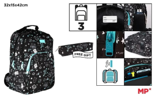 Opakowanie Plecak trzykomorowy czarny 32x12x38cm + piórnik