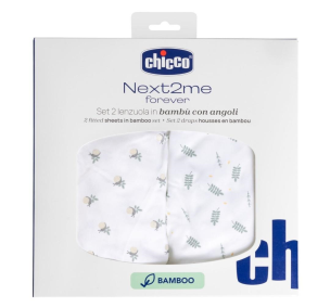Prześcieradło Next2Me Forever G/D+P bambus foliage. Wydawca: Chicco. Multiszop.pl Opakowanie Prześcieradło Next2Me Forever G/D+P bambus foliage