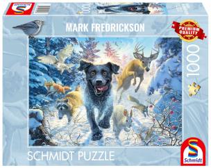 Puzzle PQ 1000 Mark Fredrickson Labrador na śniegu. Wydawca: Schmidt. Multiszop.pl Opakowanie Puzzle PQ 1000 Mark Fredrickson Labrador na śniegu