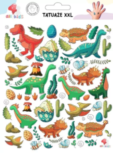 Tatuaże zmywalne dla dzieci Dinozaury XXL. Wydawca: All4Kids. Multiszop.pl Opakowanie Tatuaże zmywalne dla dzieci Dinozaury XXL