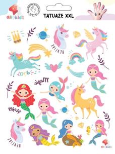 Tatuaże zmywalne dla dzieci Jednorożce syrenki XXL. Wydawca: All4Kids. Multiszop.pl Opakowanie Tatuaże zmywalne dla dzieci Jednorożce syrenki XXL