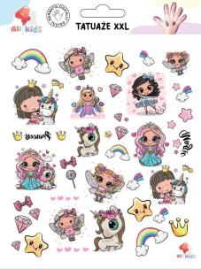 Tatuaże zmywalne dla dzieci Księżniczki XXL. Wydawca: All4Kids. Multiszop.pl Opakowanie Tatuaże zmywalne dla dzieci Księżniczki XXL