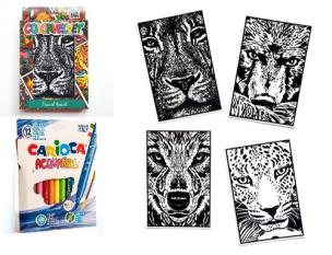 Opakowanie Zestaw 4 Kolorowanek Welwetowych + 12 Flamastrów Carioca - Drapieżniki
