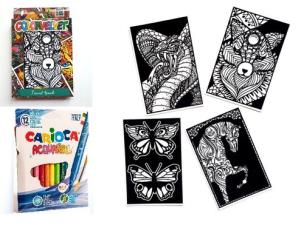 Opakowanie Zestaw 4 Kolorowanek Welwetowych + 12 Flamastrów Carioca - Różne Zwierzęta