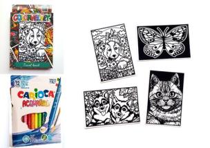 Opakowanie Zestaw 4 Kolorowanek Welwetowych + 12 Flamastrów Carioca - Wzory Dla Dzieci