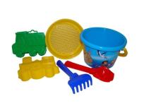 Opakowanie Zestaw Nr252: wiaderko średnie z nalepką, sito, szufelka Nr2, grabki Nr2, foremki wywrotka + lokomotywa