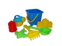 Opakowanie Zestaw Nr384: wiaderko-twierdza duże, szufelka Nr8, grabki Nr8, foremki (samolot + zamek wieża