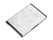 Opakowanie Etui na wizytówki TROIKA MR. SLOWHAND WORLD - aluminium, z wytłoczoną mapą świata, z funkcją podajnika