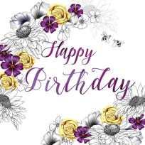 Opakowanie Karnet Swarovski kwadrat Urodziny kwiaty fioletowe i żółte