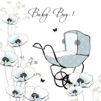 Opakowanie Karnet Swarovski kwadrat Narodziny chłopiec wózek