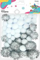 Opakowanie Pompony poliestrowe i brokatowe białe 50szt.